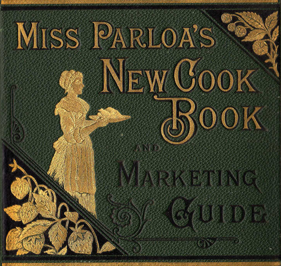 Green and gold book cover with illustration of a woman holding a tray, and stylized strawberry plants in the upper right and lower left corners