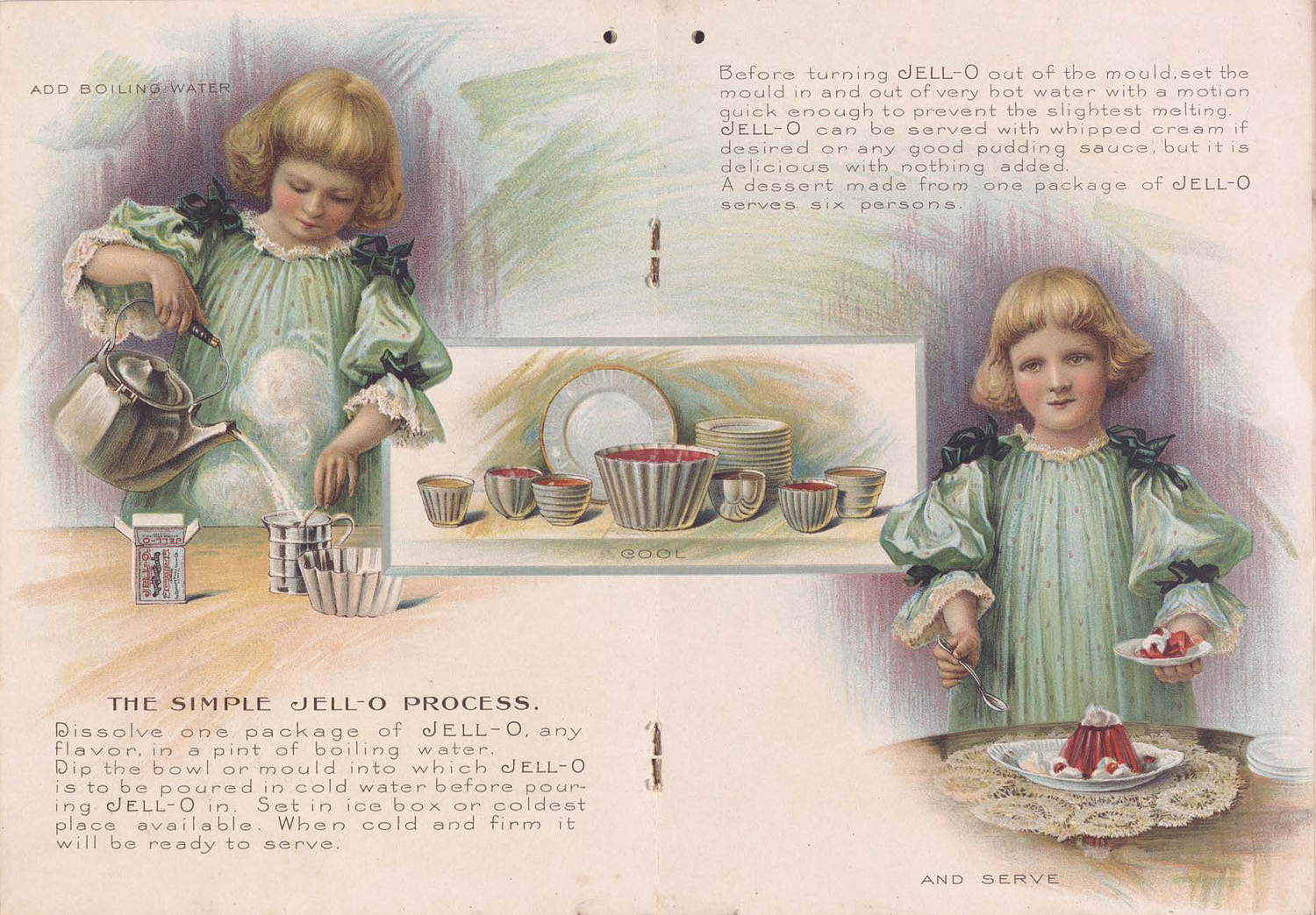 Miss Jell-O, a girl in a puffy dress, making a red jell-o mold