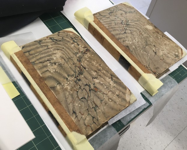 Both volumes lying flat, with un-cut strips of yellow paper showing between cracks in the leather of the spines