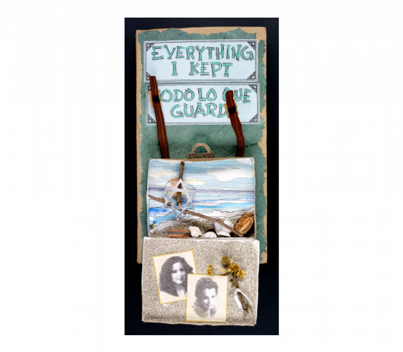 Cover with title in blue in English and Spanish, with a 3-d suitcase below, hanging open, containing a view of a beach and ocean, with real sea shells, a silver star of David, and two black and white photographs of the author.
