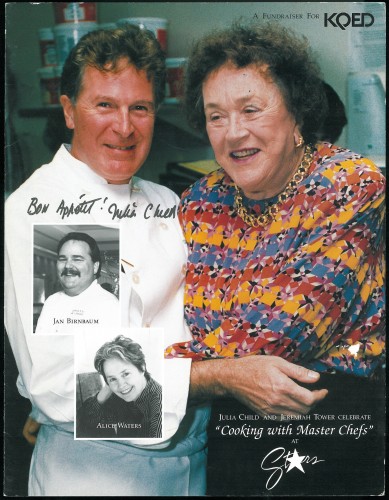Jeremiah Tower photographed with Julia Child for a fundraiser menu