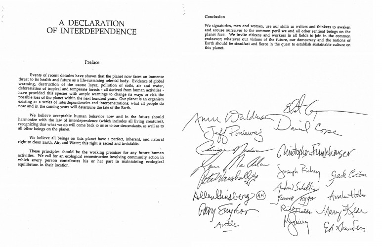 First and last page of the Declaration of Interdependence (1990), with the last page showing signatures of participants, including David Cope, Anne Waldman, Gary Snyder, and others. 