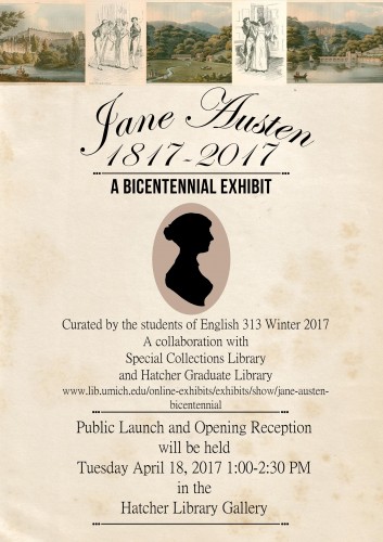 Poster advertising exhibit opening on Tues. April 18, 2017 in the Hatcher Library Gallery from 1:00-2:30pm