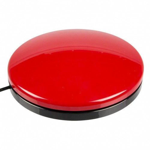 A big, glossy red button with a black bottom part and a black cable extending from it a short distance