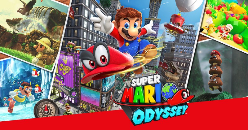 The cover art for the game “Super Mario Odyssey” show the main character, Mario, in his standard denim overalls, brown shoes, and red undershirt, tossing a red cap with eyes forward. Around them are various locales from the game, including a city, a jungle, and an underwater area