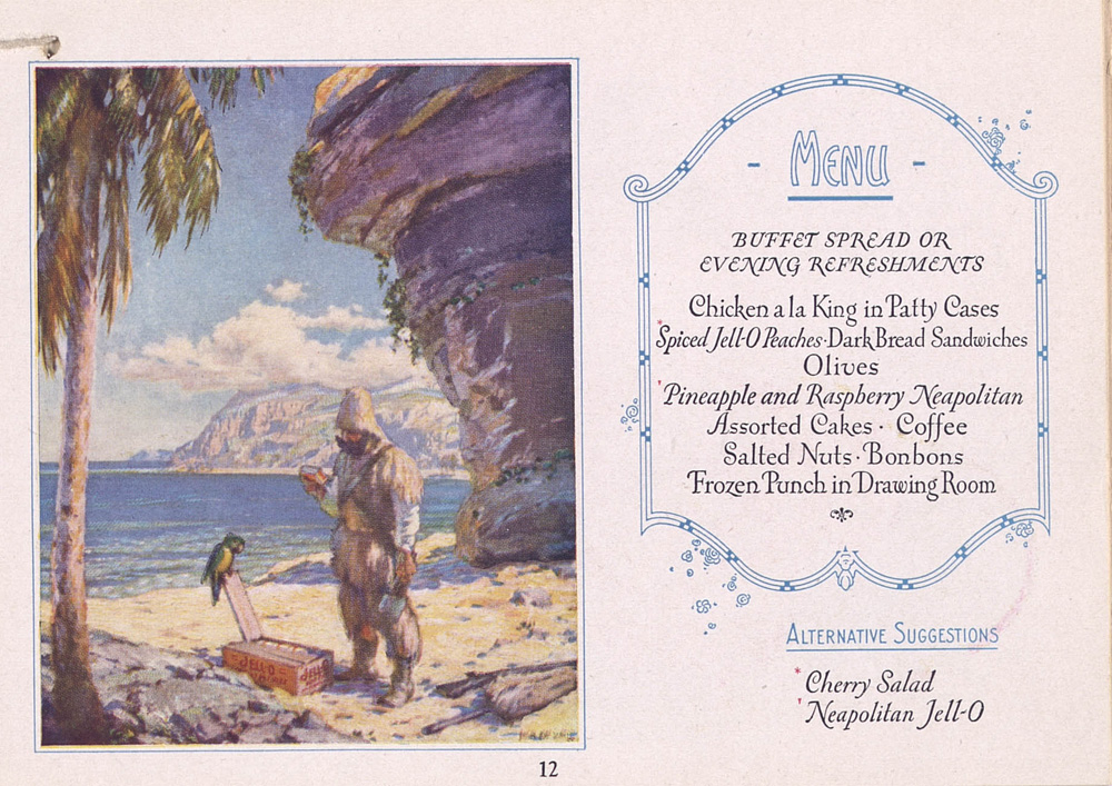 Angus MacDonnal illustration of Robinson Crusoe on a beach, and a menu featuring spiced jell-o peaches