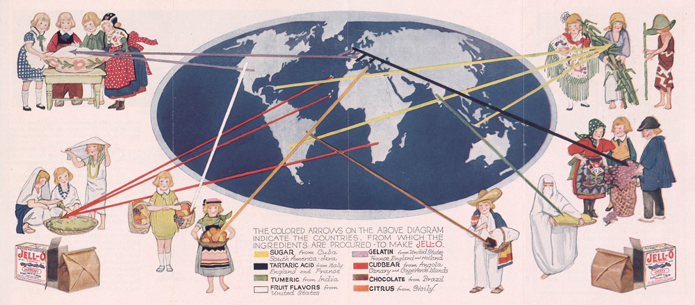 Map of the world showing costumed children representing countries that supply ingredients for jell-o