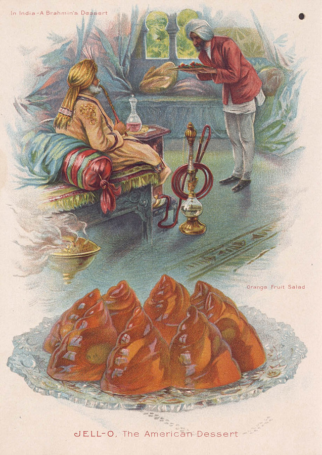 A Brahmin in a gold-colored truban and robe is being served curry by a Sikh servant.  The Indian imagery in the setting includes luscious silks, a hookah pipe, ornate carpets, incense, and Indo-Islamic arch windows framing a verdant land. At the bottom of the page is a crown-like jell-o mold, with eight single peaks of orange Jell-O studded with fresh fruits.