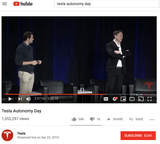 A screenshot showing Elon Musk during Tesla's "Autonomy Day"