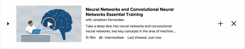 Screenshot of Lynda.com course entitled "Neural Networks and Convolutional Neural Networks Essential Training"