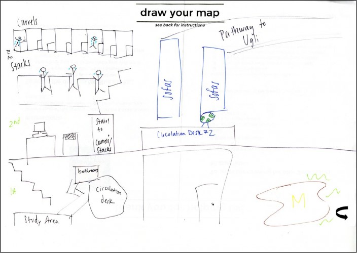 A cognitive map example from a student showing the Hatcher Graduate Library.