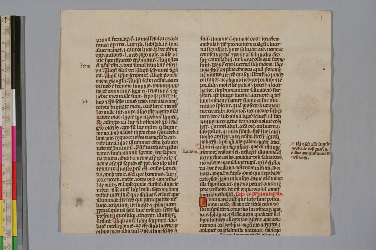 Plimpton MS 128r. Leaf fragment containing Hrabanus Maurus' De rerum naturis, 9, 6-8. Parchment. 243 x 287 mm. Spain. 14th c. Rare Book & Manuscript Library (Columbia University Libraries)