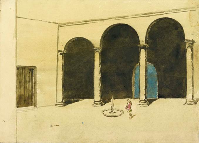 Stage design showing Othello in a large courtyard near a fountain