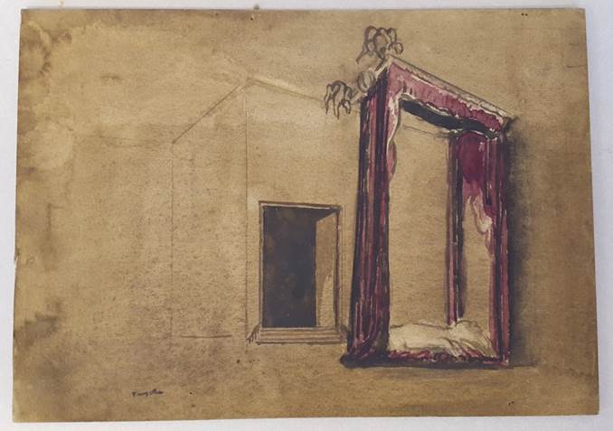 Stage design showing Othello and Desdemona's bed