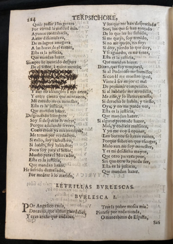 Expurgation on page 224, from Francisco de Quevedo y Villegas. El parnaso español y musas castellanas (Barcelona: Rafael Figueró, 1703) 