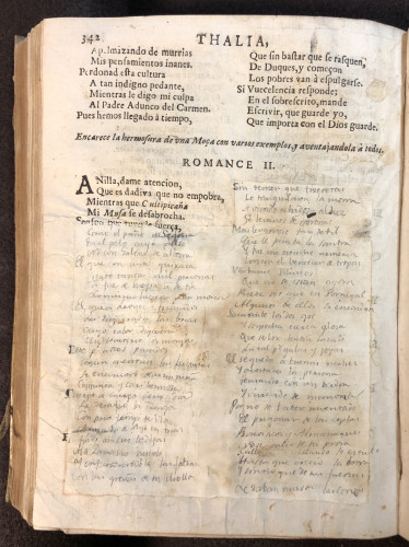 Expurgation on page 342, with the verses of the poem added by hand by a reader, from Francisco de Quevedo y Villegas. El parnaso español y musas castellanas (Barcelona: Rafael Figueró, 1703) 