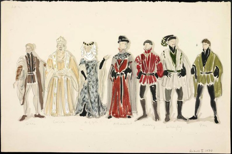 Ensemble costume design for Richard II - includes archbishop in long, flowing, cream colored robes
