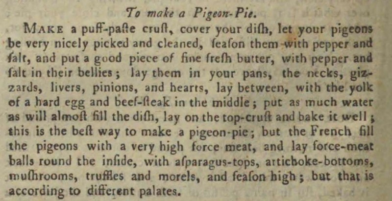 Recipe for pigeon pie. Text of recipe follows image in post. 