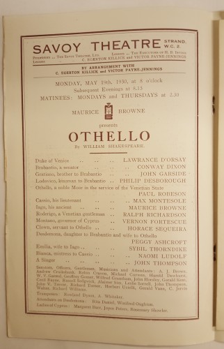 Program for first night of Othello, showing cast list