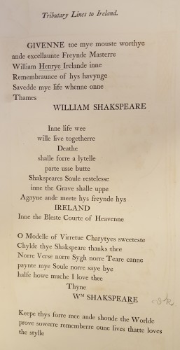 Transcript of the above. Essentially, Shakespeare credits a contemporary William Henry Ireland with saving him from drowning in the Thames. 