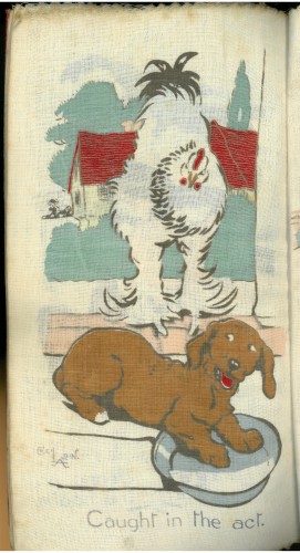 Rag book illustration of a White Wyandotte cochin chicken discovering a small brown daschund eating its food