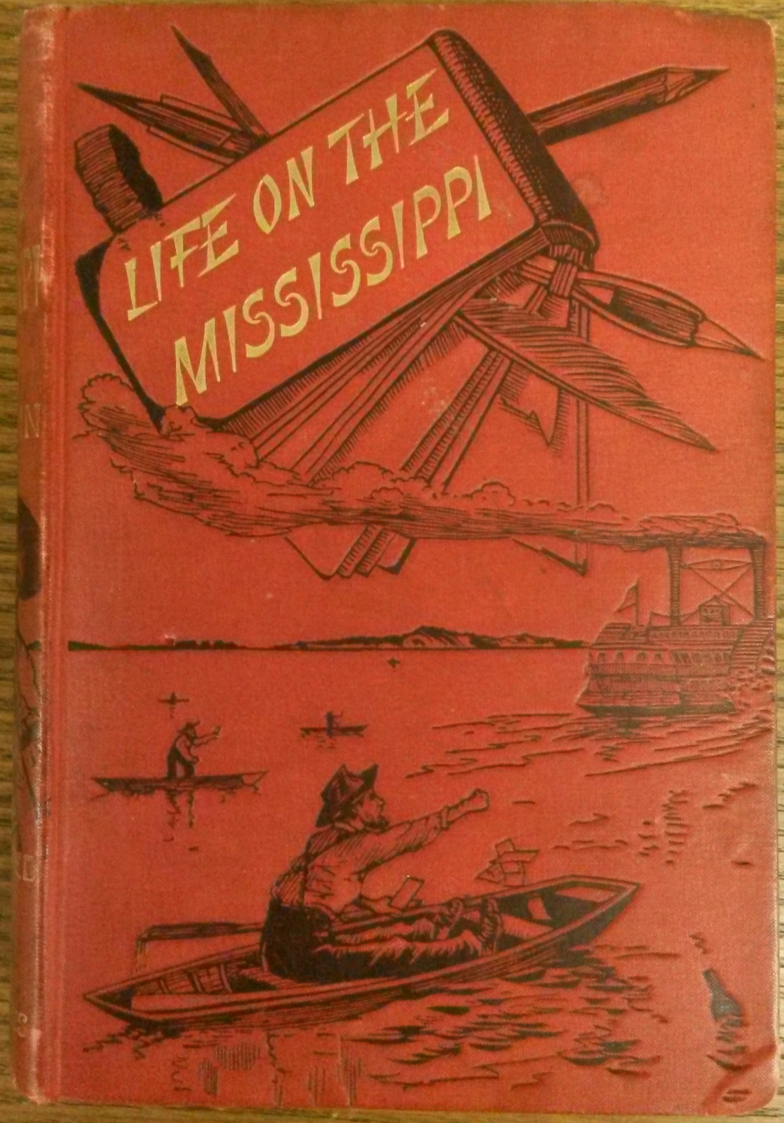 Publisher's Binding stamped with illustration of man in a rowboat, with a steamship in the background