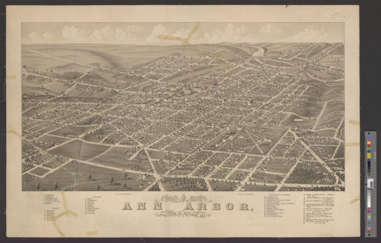 A bird’s-eye view of Ann Arbor, MI in 1880. This is one of over 30 large format bird’s-eye views that were digitized as a part of this project.