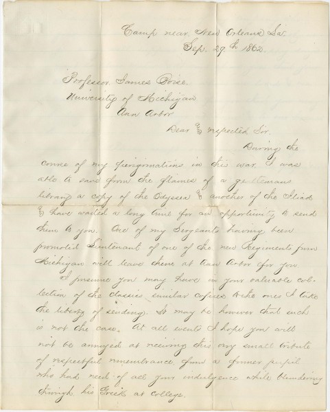 Letter by U of M Alum Capt. William Wirt Wheeler of the 6th Michigan Volunteers to his former professor of Greek, James Robinson Boise. New Orleans, September 29 1862