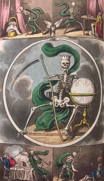 illustration of several skeletons attacking humans with arrows, with a central image of a skeleton wielding a scythe
