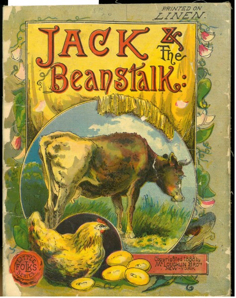Cover illustration featuring a cow in the center, with an inset image of the chicken that lays golden eggs. "Printed on Linen" in upper right corner. 