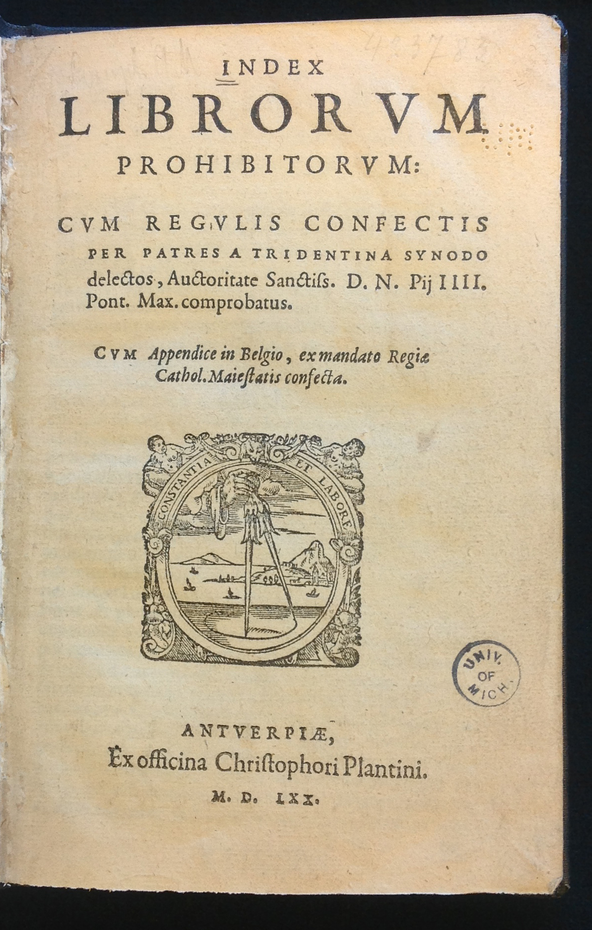 Index librorum prohibitorum: cum regulis confectis per patres a Tridentina synodo delectos (Antwerp: Christopher Plantin, 1570)