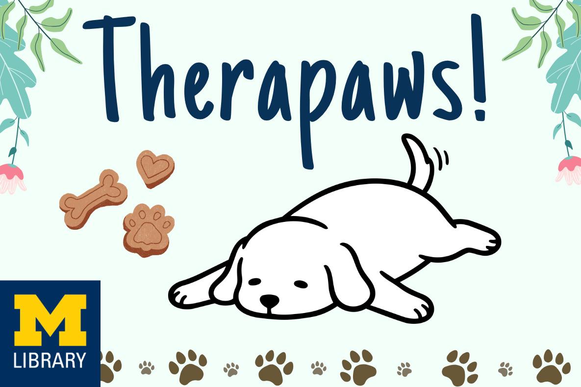 Therapaws, with a dog flattened out next to some treats.