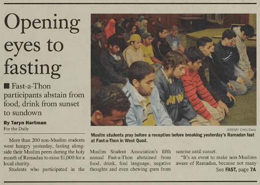 News article titled "Opening eyes to fasting" with a photo students sitting on the floor with heads bowed.