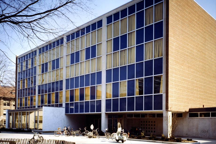 a large building with a wall of windows