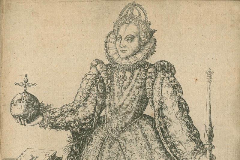 A portrait of Elizabeth I of England from the waist up. She is wearing robes and holding an orb in one hand and a scepter in the other.