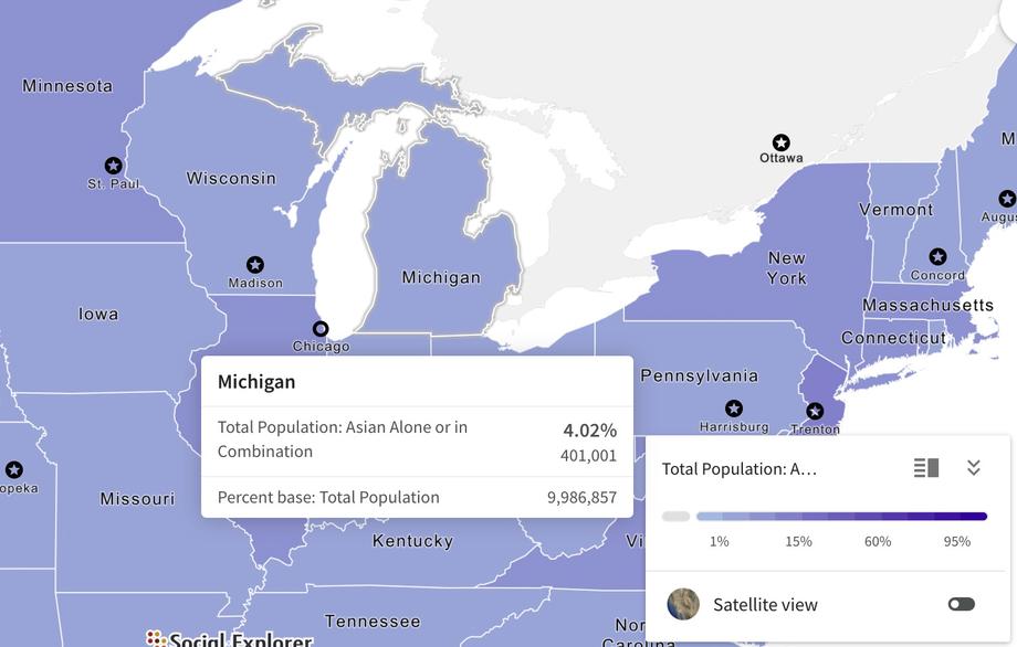 map of portion of the lower peninsula of Michigan, with counties shown in various shades of purple indicating portion of the population identifying as Asian