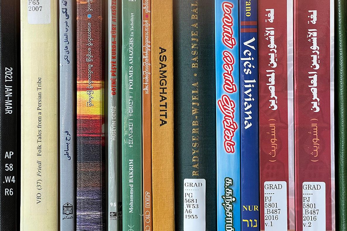 Book spines with titles in multiple languages and scripts.