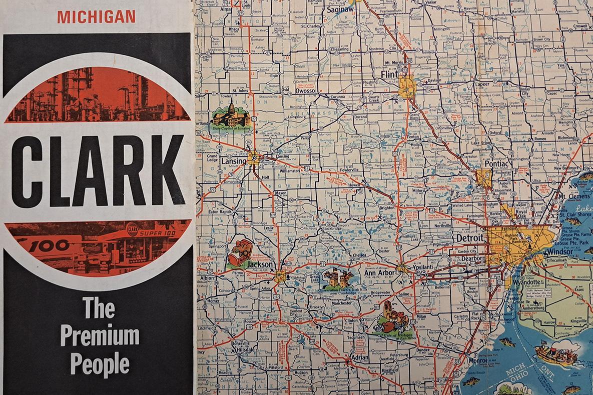 Michigan, Clark, The Premium People, and a road map of southeastern Michigan.