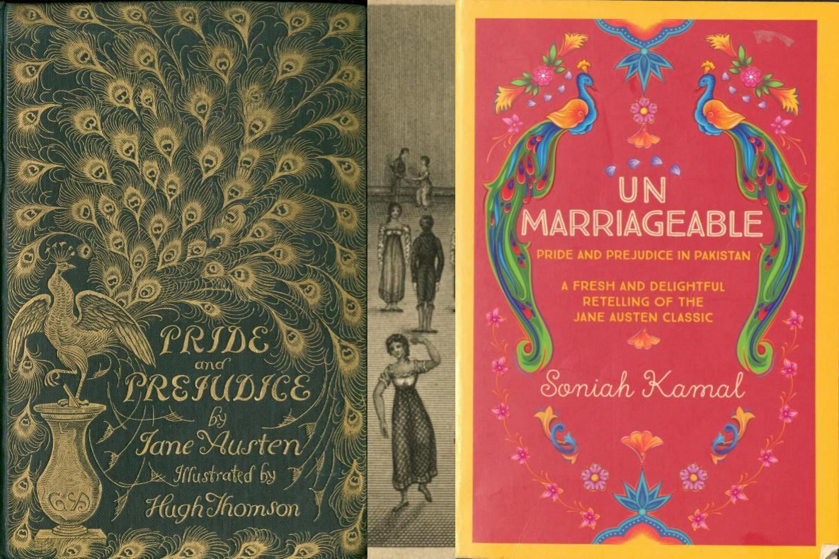 Book covers of Pride and Prejudice by Jane Austen, both decorated with peacocks.