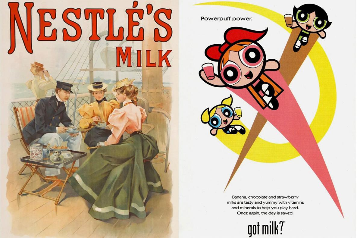 Nestle's Milk with people drinking Nestle's out of teacups on a ship, and Powerpuff power with Powerpuff girls holding glasses of milk.