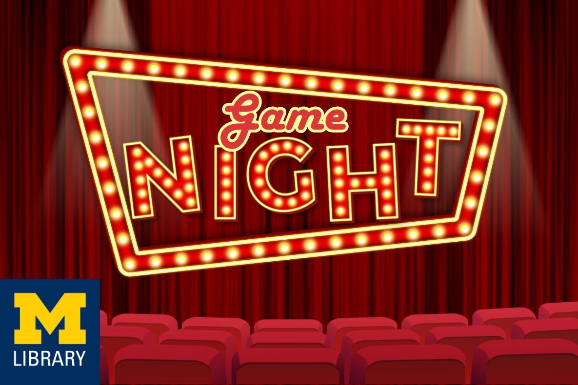 Movie theater curtains with a lighted marquee that says "Game Night."