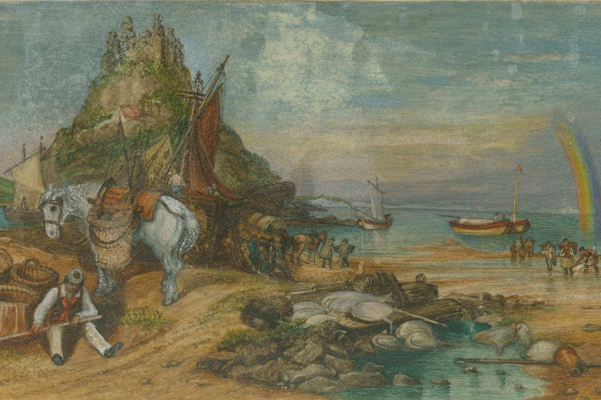 Scene on a beach showing a saddled horse, a man sitting on the ground, a castle on a hill, and a rainbow over the water.