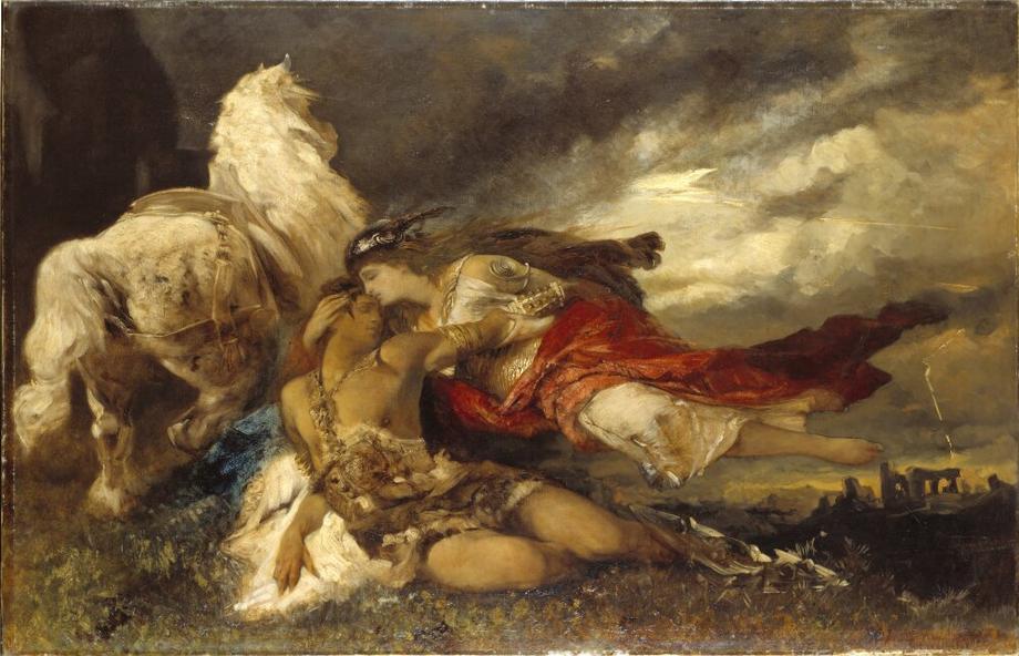 Painting of Valkyrie holding a dying solider next to a white horse.