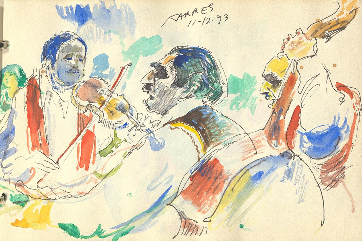 Watercolored sketch of three musicians, one playing a violin and one playing a bass.
