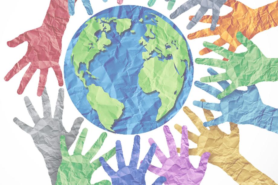 Hands reaching toward the planet earth.
