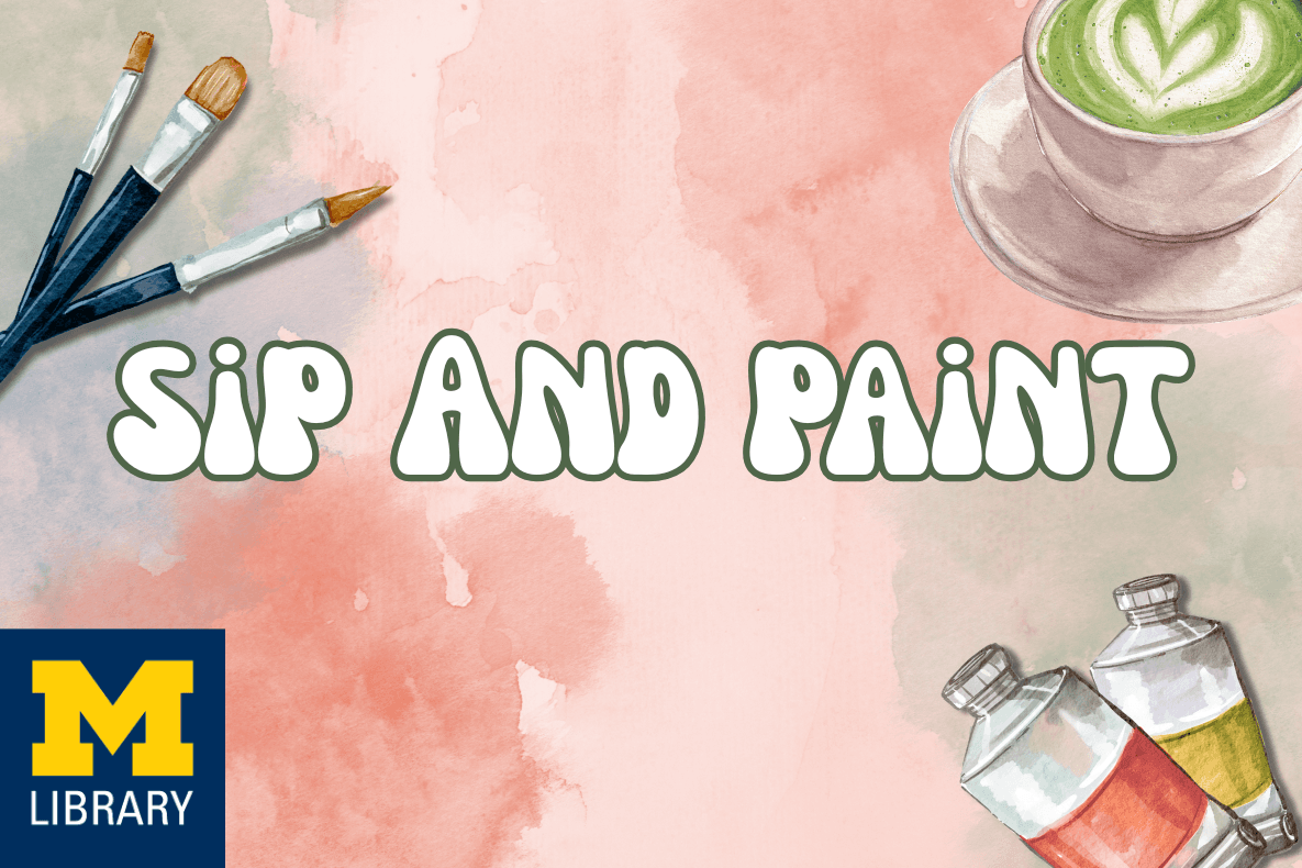 Sip and paint, with images of paintfrushes, tubes of paint, and a latte with a heart design.