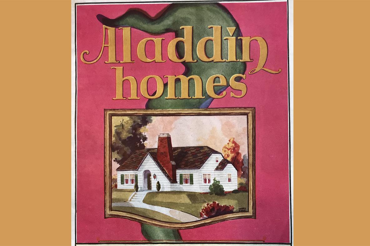 Aladdin homes and an image of a white house with green shutters and a red brick chimney.