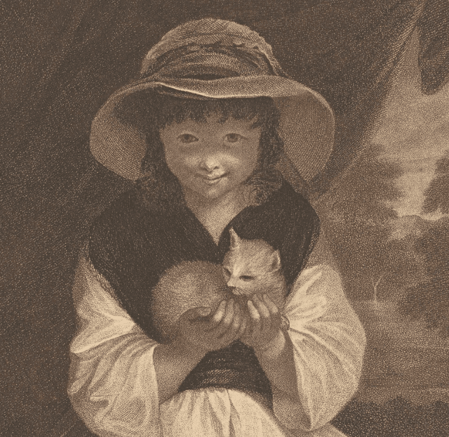 The Girl and Kitten by Francesco Bartolozzi, open access art of a young girl creepily peeking under a large sunhat while holding a kitten