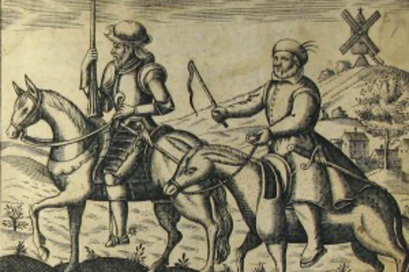 An engraving of two men riding horses with a windmill in the background from the early 1600s.