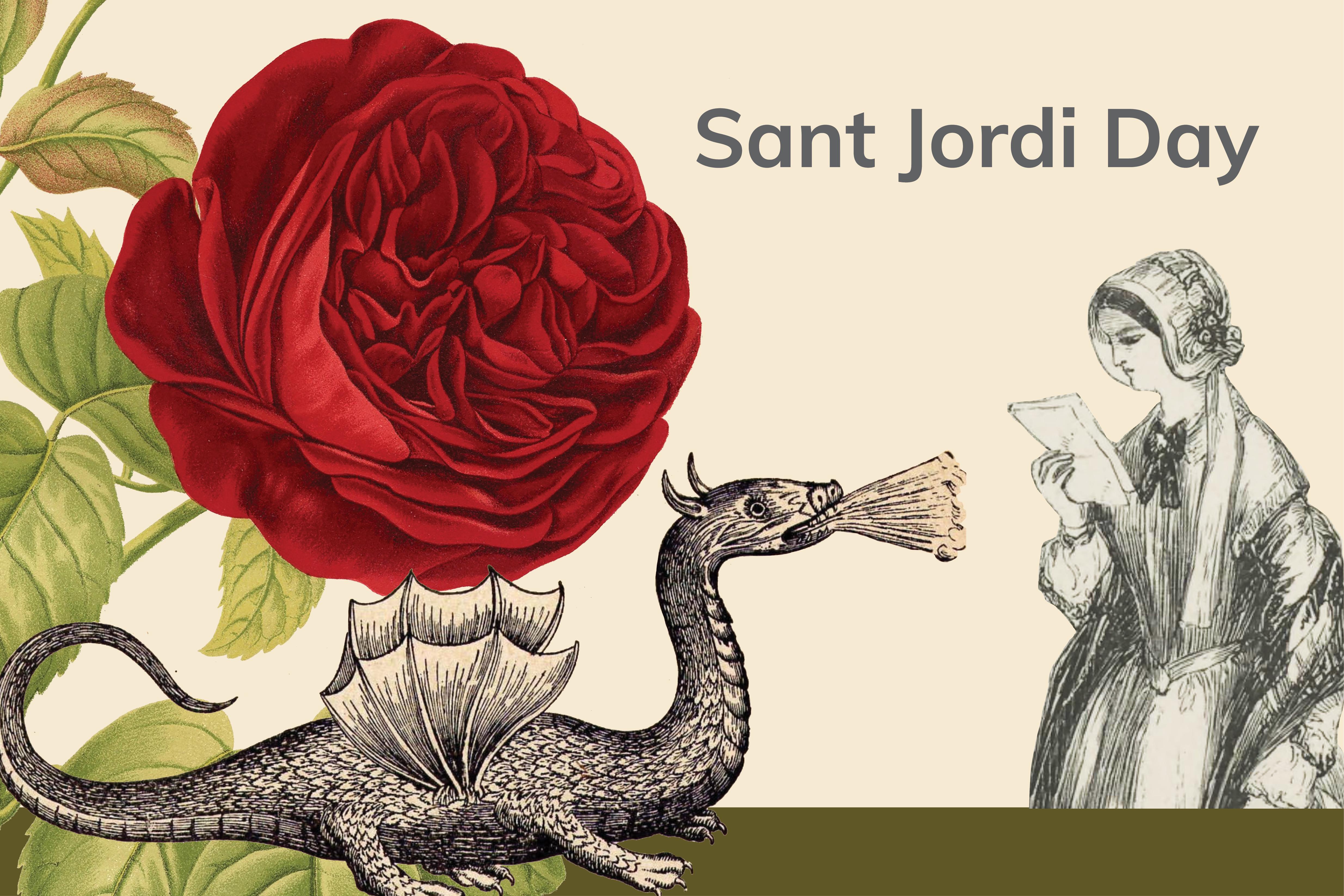 Red rose, fire-breathing dragon, and a Victorian woman reading.